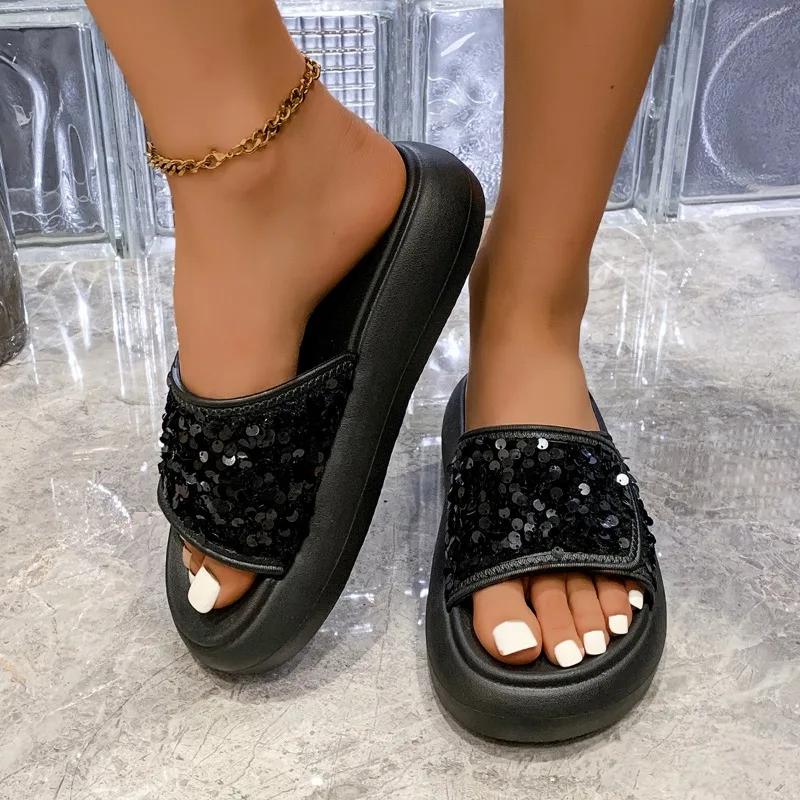 Туфли женские с открытым носком женские тапочки модные повседневные тапочки с блестками женские летние тапочки с круглым носком однотонные плоские тапочки