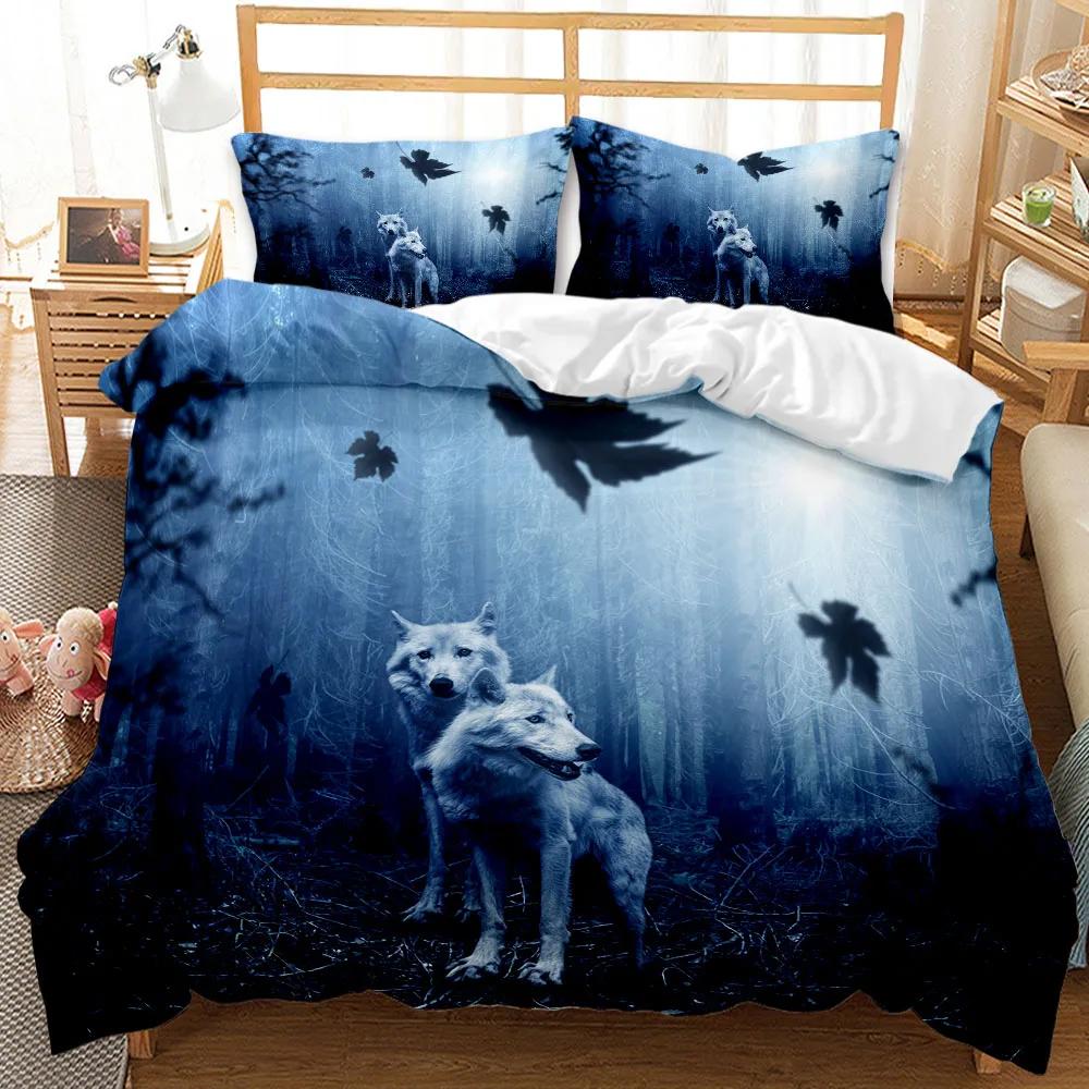 Wolf Duvet Cover Set 3D Animal Theme Bedding Set Retro Cool Wild Wolf Blue Sky Double Queen King Size Soft Polyester Qulit Cover