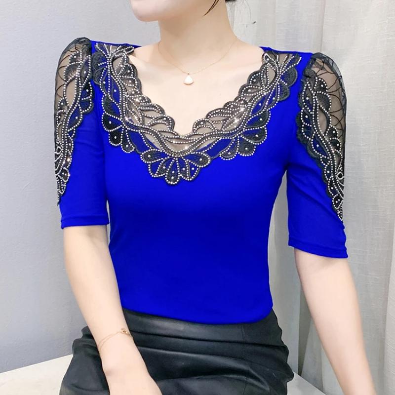 New Summer Luxury Shiny Hot Diamonds Women's Embroidery Flower T-Shirt Elegant V-Neck Lace Patchwork Tops Female Transparent Mid-Sleeve Tees