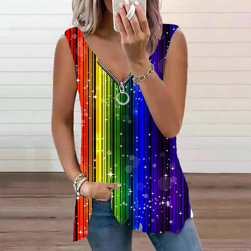Женский топ, летняя новая мода, разноцветный повседневный топ с цветочным принтом, большие размеры, без рукавов, на молнии, с v-образным вырезом, майка