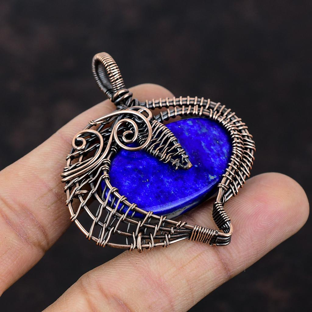 Подвеска из лазурита, медная проволочная обертка, элегантная подвеска ручной работы, проволочная обертка, ювелирные изделия для подарка, подвеска из натурального драгоценного камня, медные украшения