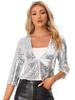 Allegra K Женский серебристый пиджак с пайетками, короткий, болеро, рукава 3/4, открытый спереди, для вечеринки, Рождества, костюма на Хэллоуин, размер L