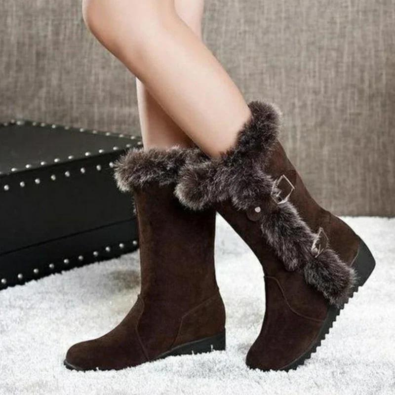 New Winter Women Boots Casual Warm Fur Mid-Calf Boots Shoes Women Slip-On Round Toe Wedges Snow Boots Shoes Muje Plus Size 42