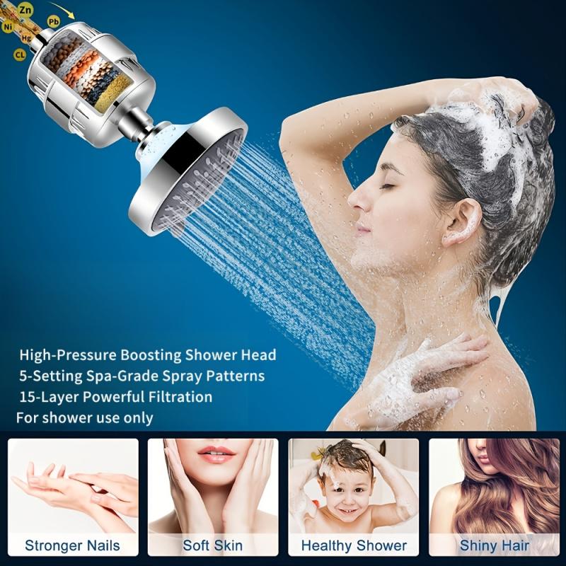 Filtered Shower Head with 15-Layer Hard Water Filter, High Pressure Shower Head with 5 Spray Modes, Bathroom Accessory
