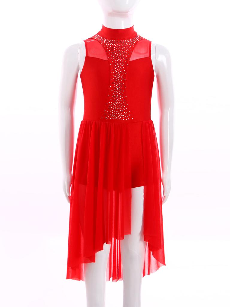 Kids Girls Figure Skating Dance Dress Sleeveless Mock Neck Cutout Back Side Split Asymmetrical Hem Sparkly Rhinestone Dresses