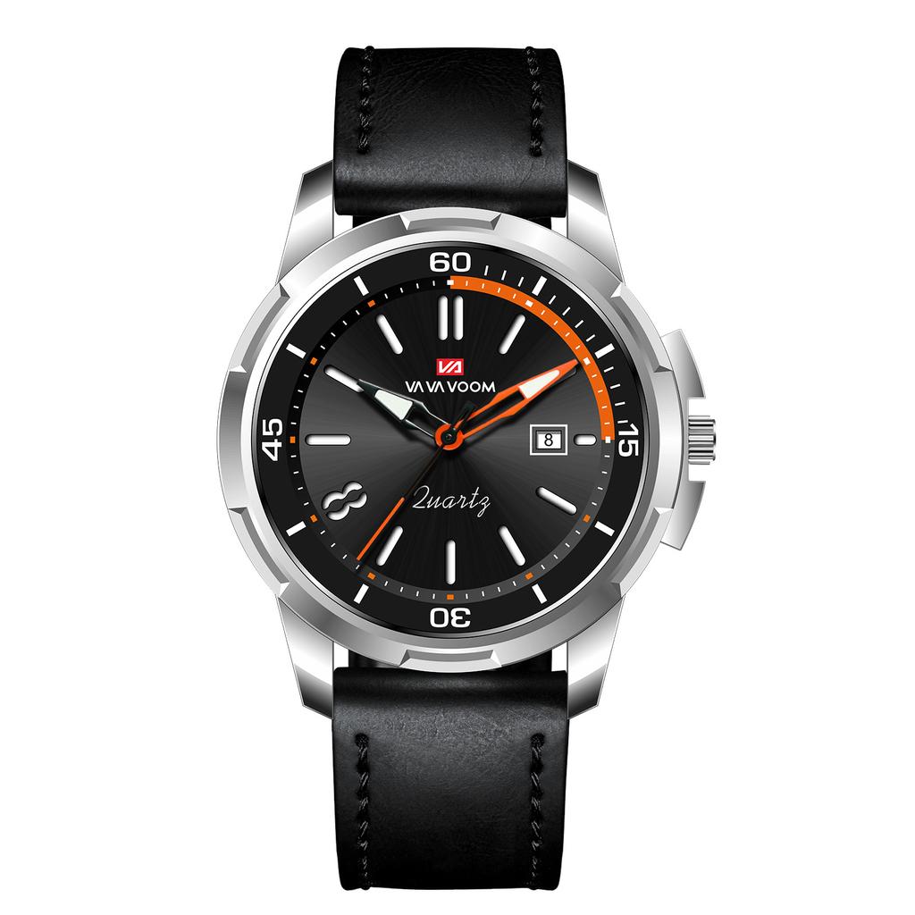 VA VA VOOM Мужские кварцевые часы Business Simple Calendar 30m Водонепроницаемые светящиеся кварцевые часы с кожаным ремешком, модные наручные часы