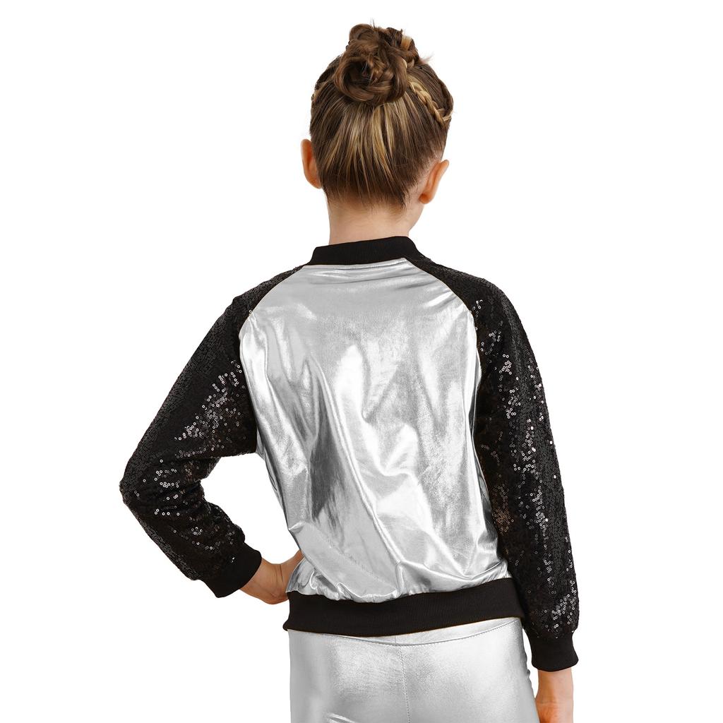 Девочки Блестящие Пайетки Бронзовая Ткань Куртка Воротник-стойка Пальто для Сценических Выступлений и Вечеринок