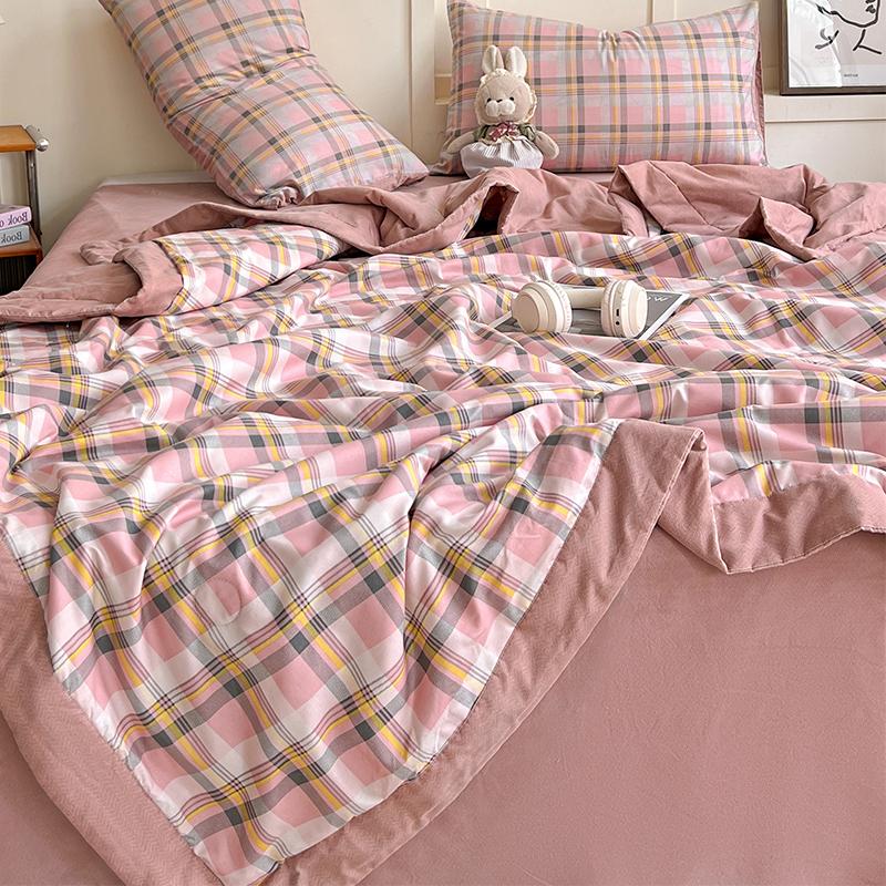 2027 Plaid Summer Cool Quilt Washed Cotton Comfortable Lightweight Air Condition Thin Comforter Simple Feather Blanket for Adults Kid