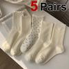 5 Pairs Women Milk White Mid Tube Cotton Socks Polka Dot Fungus Edge Sweat Absorbing Breathable Soft Comfortable Casual Socks