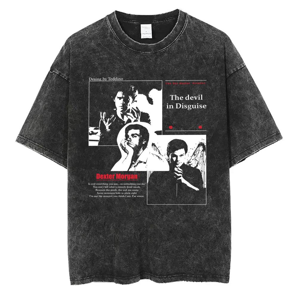Washed Vintage TV Play Dexter Morgan Face Graphic Tshirt Men Women Casual Cotton Oversized T Shirt Male Classic Gothic Tshirts