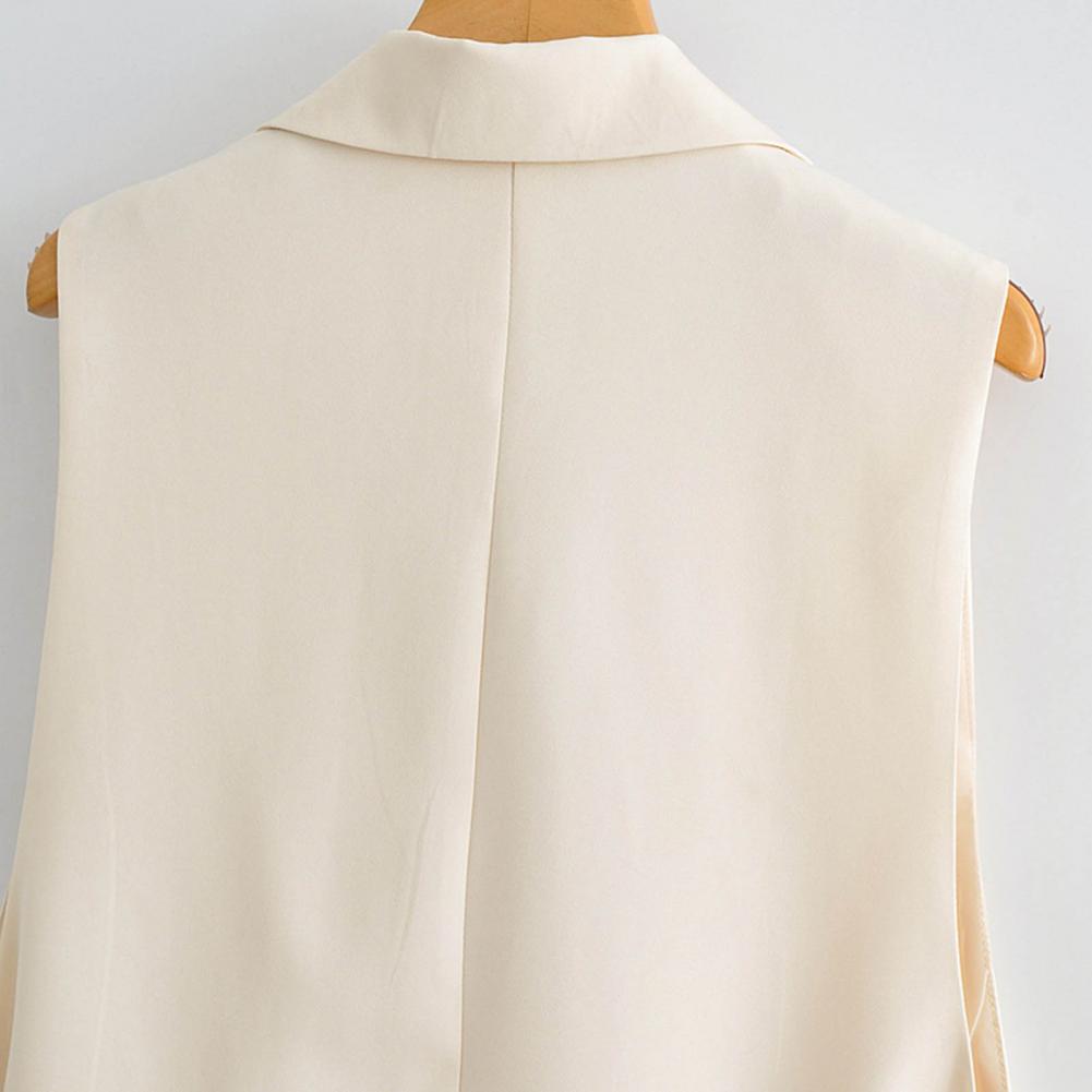 Women Vest Coat Turn-down Collar Sleeveless Loose Solid Color Single Button Cardigan Strap Decor Mid Length Commute Formal Suit