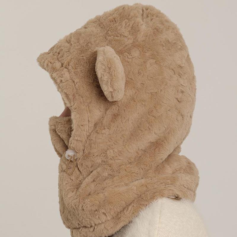 1 шт. Зимняя шапка-ушанка в форме медведя, теплая, цельная, утолщенный шарф, флисовая подкладка, плюшевая шапка-маска