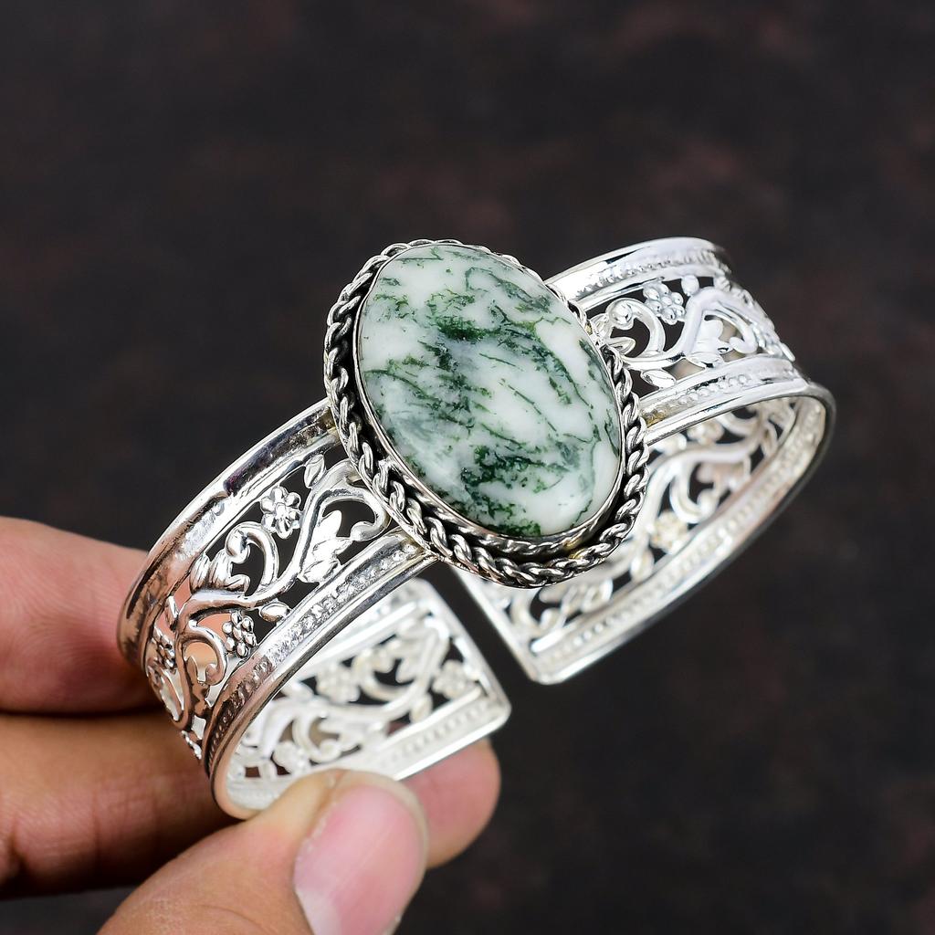 Браслет-манжета из древесного агата с драгоценными камнями, браслет из стерлингового серебра 925 пробы, регулируемый браслет-манжета, браслет ручной работы, уникальный дизайн, ювелирные изделия, свадебные подарки