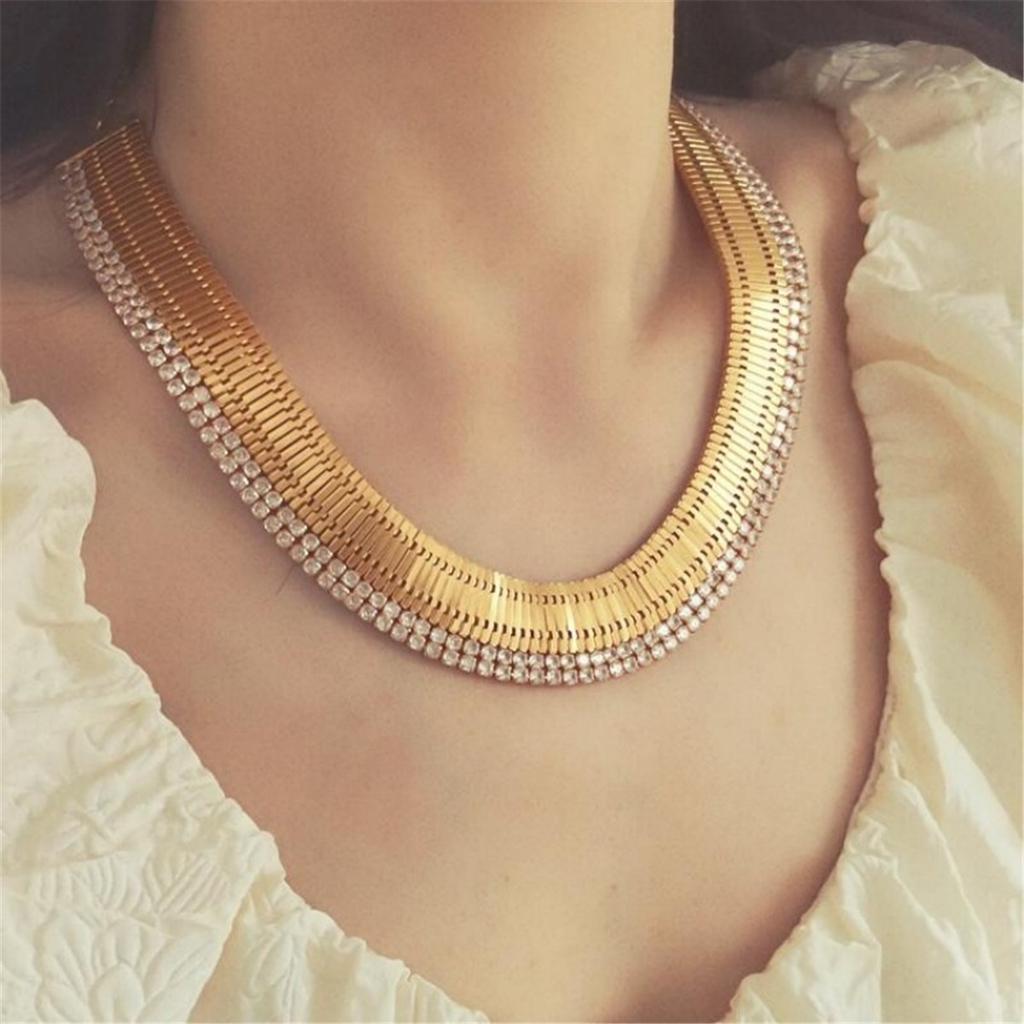 Tooxika Exaggerated Personality Wide Version Of The Strap Chain With Diamonds Necklace Light Luxury Temperament Choker Collarbone Chain Necklace