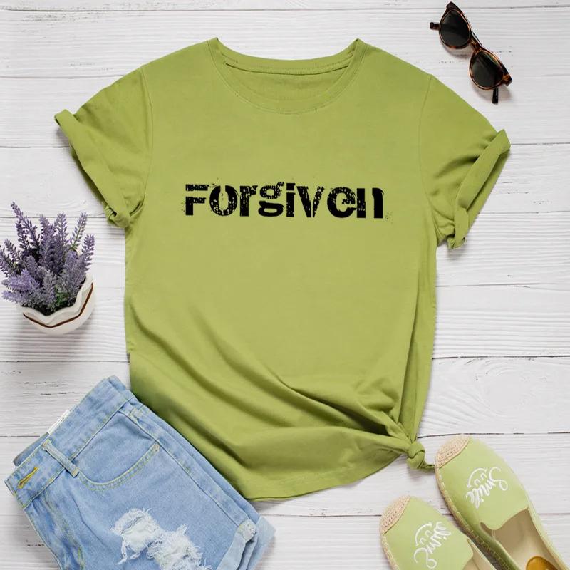 Прощено Принт Письма Женская Футболка с Коротким Рукавом Круглый Вырез Свободная Женская Футболка Женская Футболка Топы Одежда Camisetas Mujer