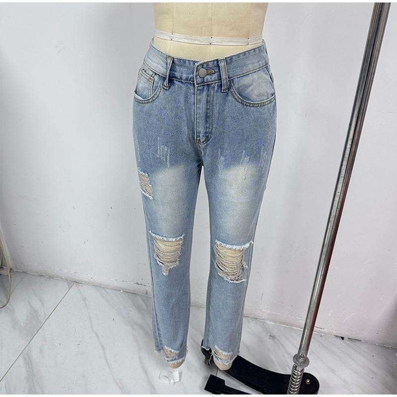 2025 New Casual Elegant Fashionable High-waisted Jeans Women's Water-washed Distressed Denim Trousers Spring Summer