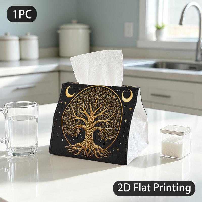1pc Tissue Box, Celestial Art Golden Tree Moons Stars Mystical Elegance Pattern, 2D Flat Printing, Keeps Dust Out, Built to Last, Tissue Organizer, fo