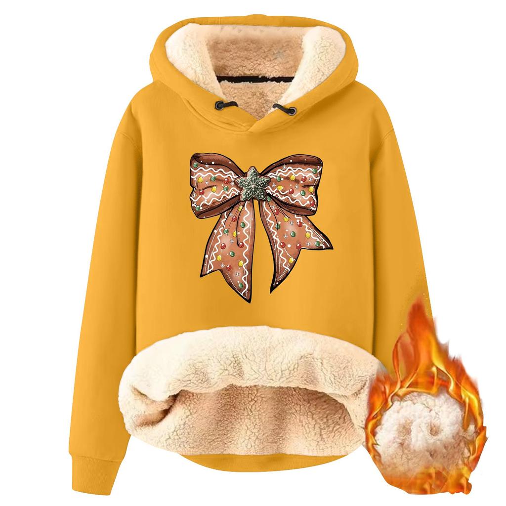 Women's Fashion Hooded Christmas Bowknot Printed Plush Warm Loose Pullover Sweatshirt