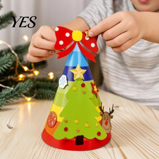 Kids Christmas Craft Party Hat for Adults, Tree Reindeer Santa Headwear Snowman Paper Cone Birthday Supplies Lightweight Festive Headgear