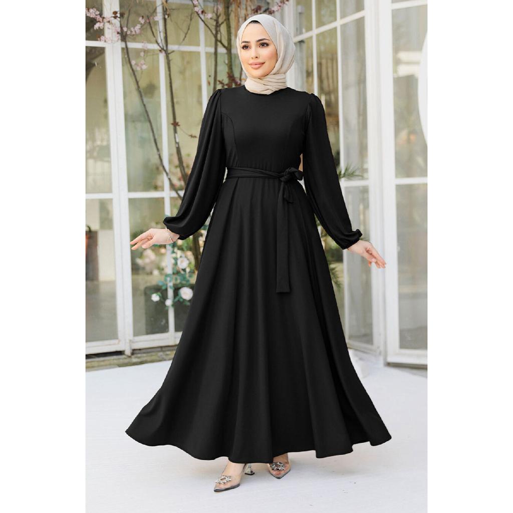 Belted Black Hijab Dress 23101s