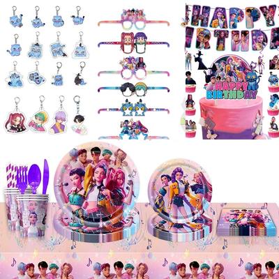 Kpop Demnn Huter Одноразовая посуда Kpop Аниме Huntrix Принадлежности для вечеринки в честь дня рождения Стаканы Тарелки Флажки Декор Задний фон Реквизит для фото