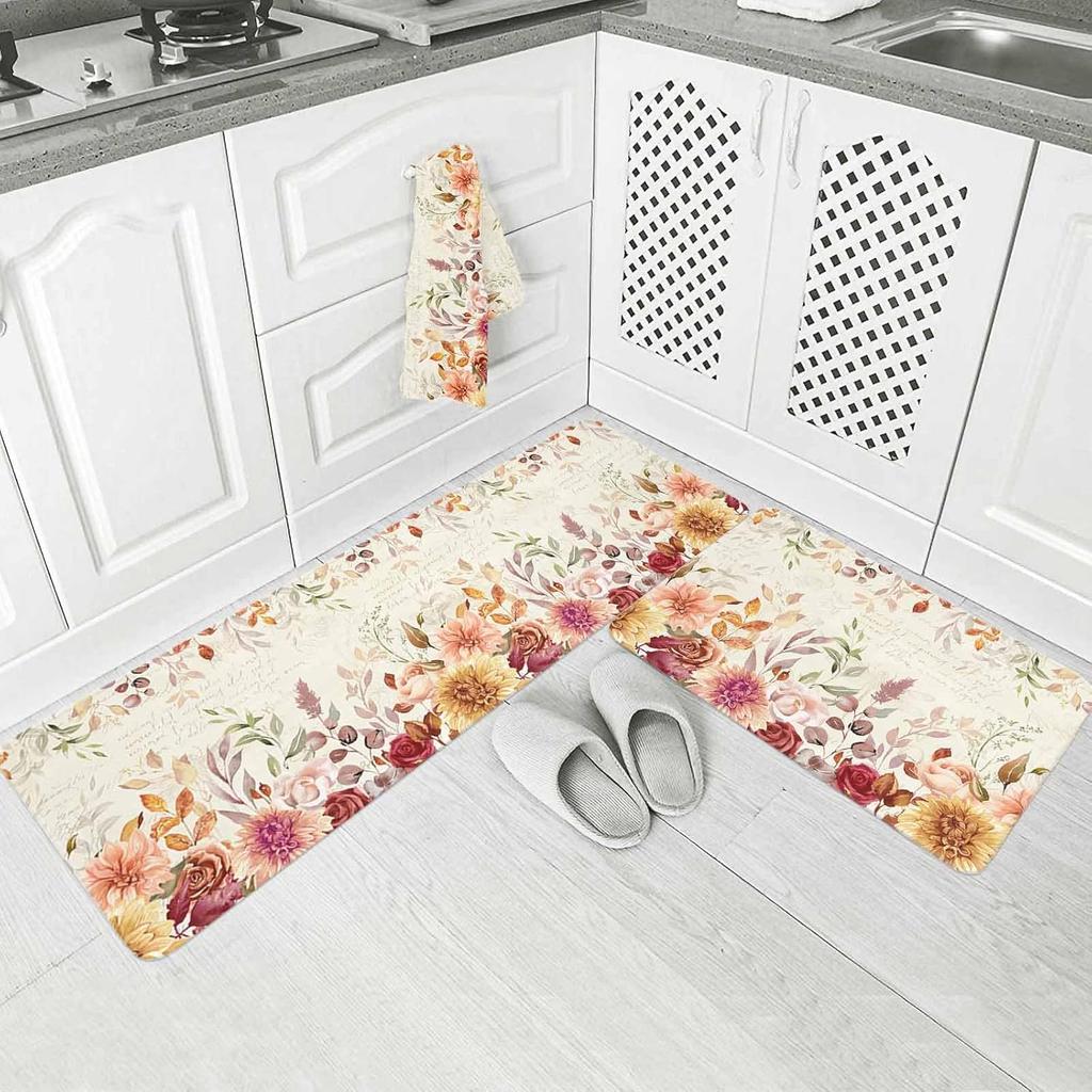 Fall Watercolor Flower Leaves Kitchen Mat Entrance Doormat Decor Corridor Balcony Rugs Bathroom Non-Slip Floor Mat Foot Mat