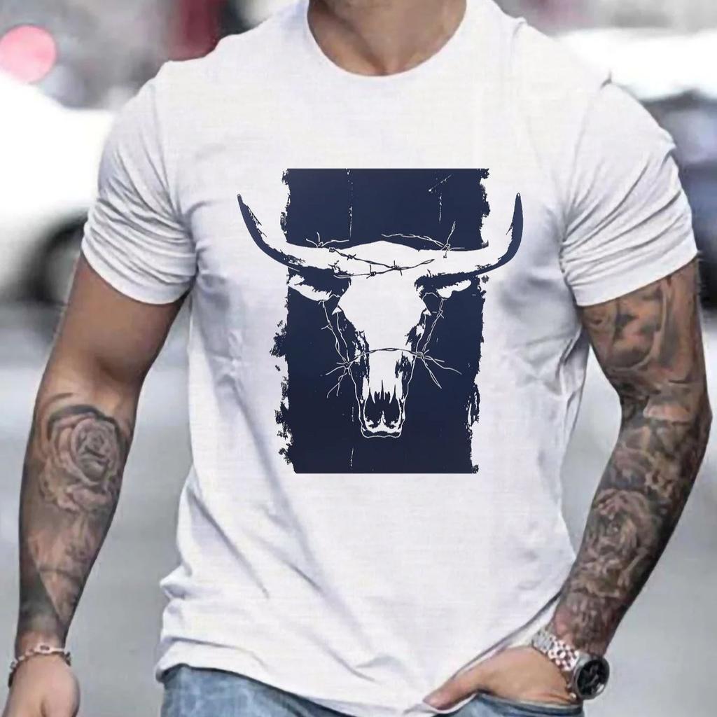 Summer Men's 100% Pure Cotton Casual Loose Plus Size Western Bull Head Pattern Printed Round Neck Short Sleeved T-shirt Top