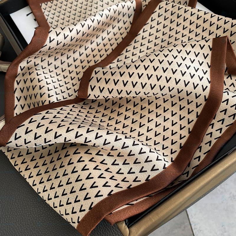 Silk-like Scarf Woman Letter V Elegant Flat Cornered Little Scarf Fashionable Decoration Paired with Windbreaker and Shirt