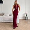 Women's Temperament Sexy V-neck Neck Halter Fold High Waist Solid Color Dress