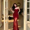 Французское haute couture красное сетчатое бандо платье-тубус с лентами платье платье длинное пляжный отпуск бедро рыбий хвост платье