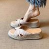 Small Person Increases Height One-word Cool Slippers Women's Summer Wear 2025 New Straw Thick-soled Wedge Heel Half-drag High-heeled Sandals