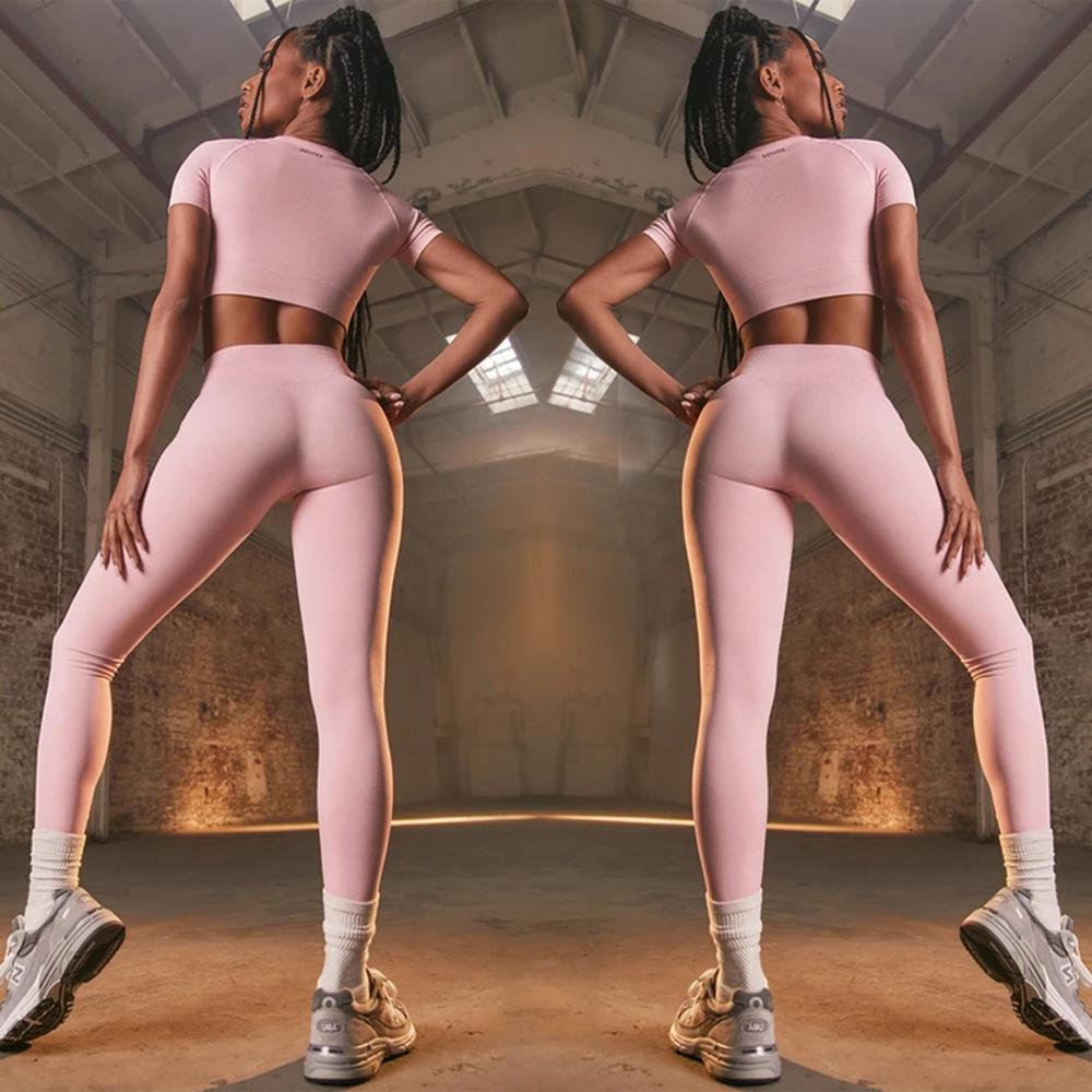 Женский однотонный комплект для йоги с высокой талией: Топ с коротким рукавом и длинные брюки, костюм-двойка