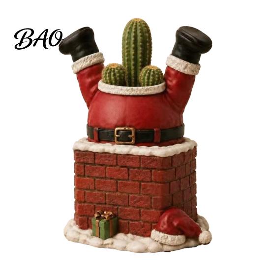 Christmas Flower Pot Santa Claus in Smokestack Ornament, Resin Decorative Plant Festive Balcony Decoration Container, Small for Holiday Tabletop