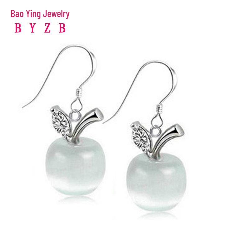 Корейские серьги-яблоки из камня «кошачий глаз» на Рождество: Женские висячие серьги-пусеты с покрытием из белого золота