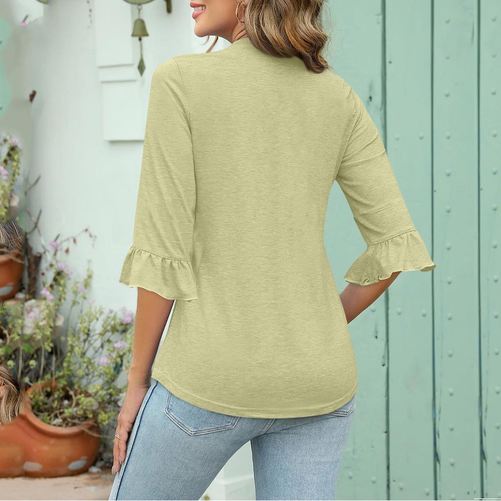 Женские повседневные топы с рукавами 3/4, летние футболки с квадратным вырезом, свободные туники с рюшами, блузки-туники