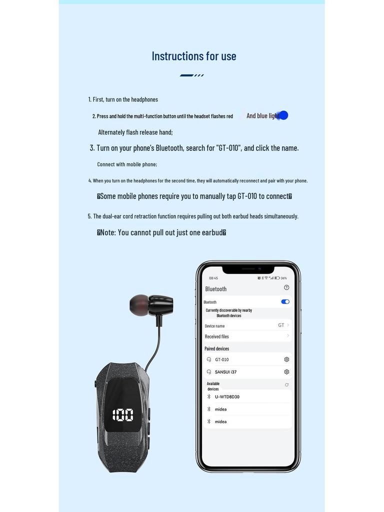 GT010 Bluetooth Earphone: Clip-on, Large Battery, Vibration, Retractable, Digital Display for Business Calls