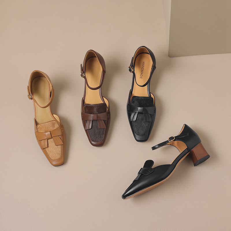 Осенне-летняя обувь из коровьей кожи с квадратным носком и конским волосом на среднем каблуке, женские туфли-лодочки на плоской подошве в лаконичном стиле с дизайном «бабочка» и ремешками на щиколотке