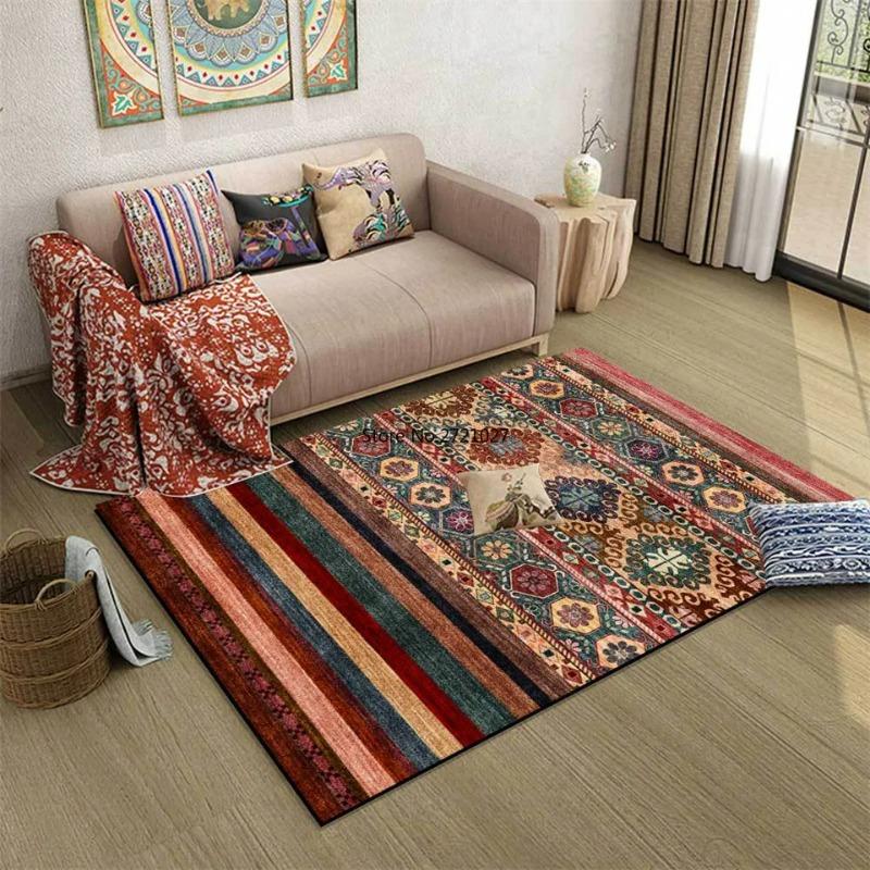 Ethnic Style Dark Colorful Geometric Striped Bedroom Carpet American Style Retro Abstract Carpet Living Room Bedside Mat