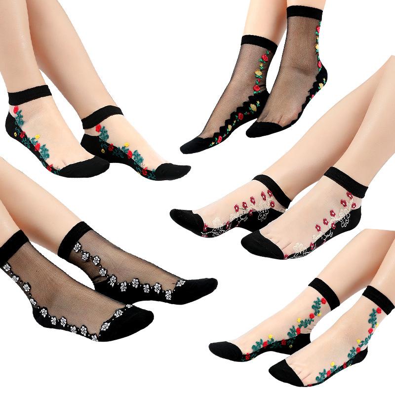 5 Pairs of Women's Summer Embroidered Non Slip Cotton Bottom Glass Silk Socks