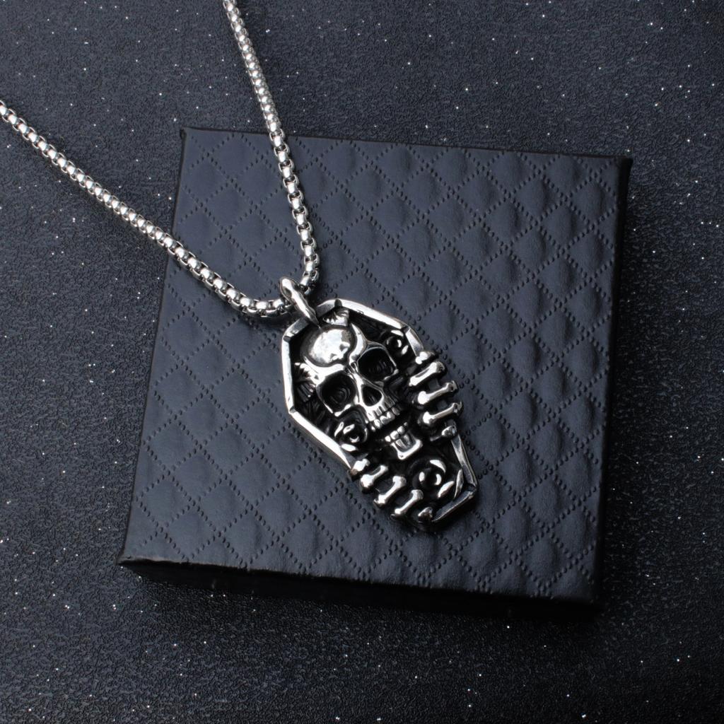 Панк Винтажное ожерелье с черепом Персонализированное ожерелье в виде гроба из нержавеющей стали