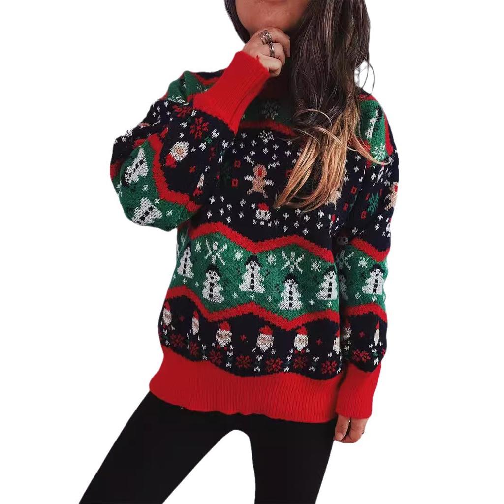 Christmas Sweater Autumn and Winter New Style Knitted Jacquard Acrylic Loose High Neck Long Sleeved Lazy Pullover New Year Sweater 3528