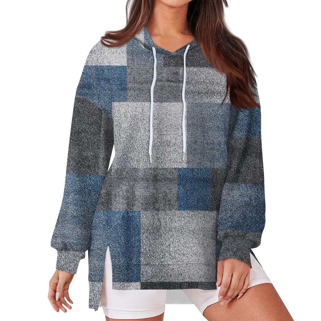 Women's Fashionable Casual Hoodie Long Sleeved Drawstring Pullover Geometric Splicing Printed  Loose Slit Sweatshirt