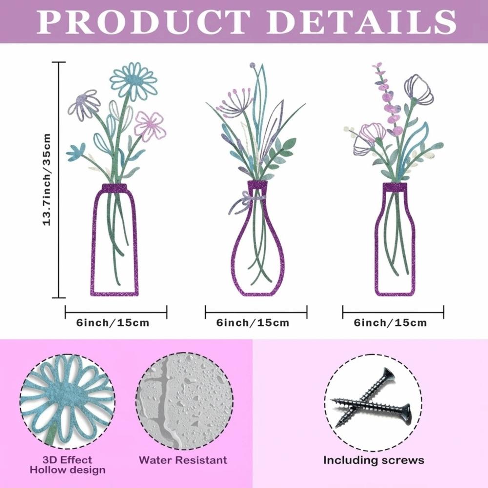 3 Pieces Set Metal Material Metal Flowers Wall Art 3D Boho Farmhouse Floral Decor Vase Design 3D Flower Vase Living Room