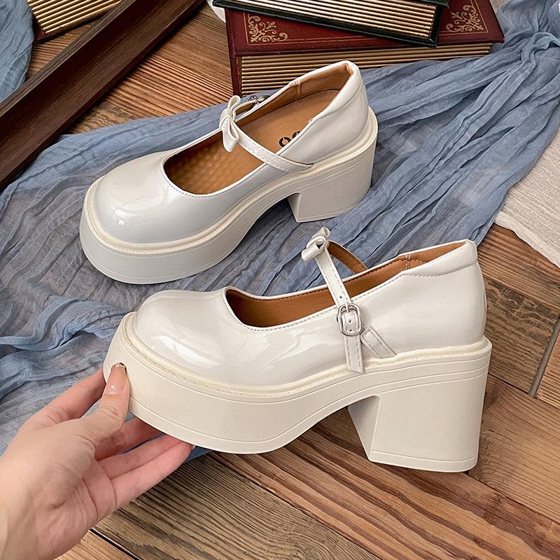 Модные белые французские туфли на высоком каблуке, женские кожаные туфли на платформе с круглым носком, новинка 2025 года, французские туфли Мэри Джейн