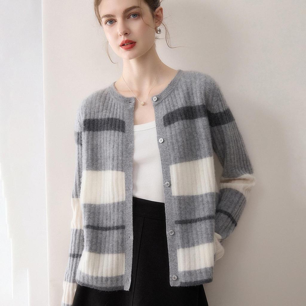 Women's 100% Pure Cashmere Color Block Stripe Cardigan - Round Neck, Single-Breasted, Soft & Fashionable Knit Top