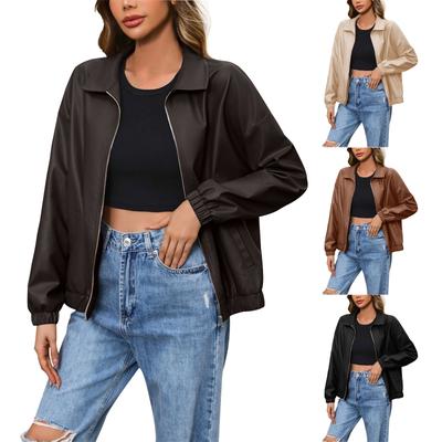 Женская модная повседневная однотонная кожаная куртка для улицы, короткое пальто