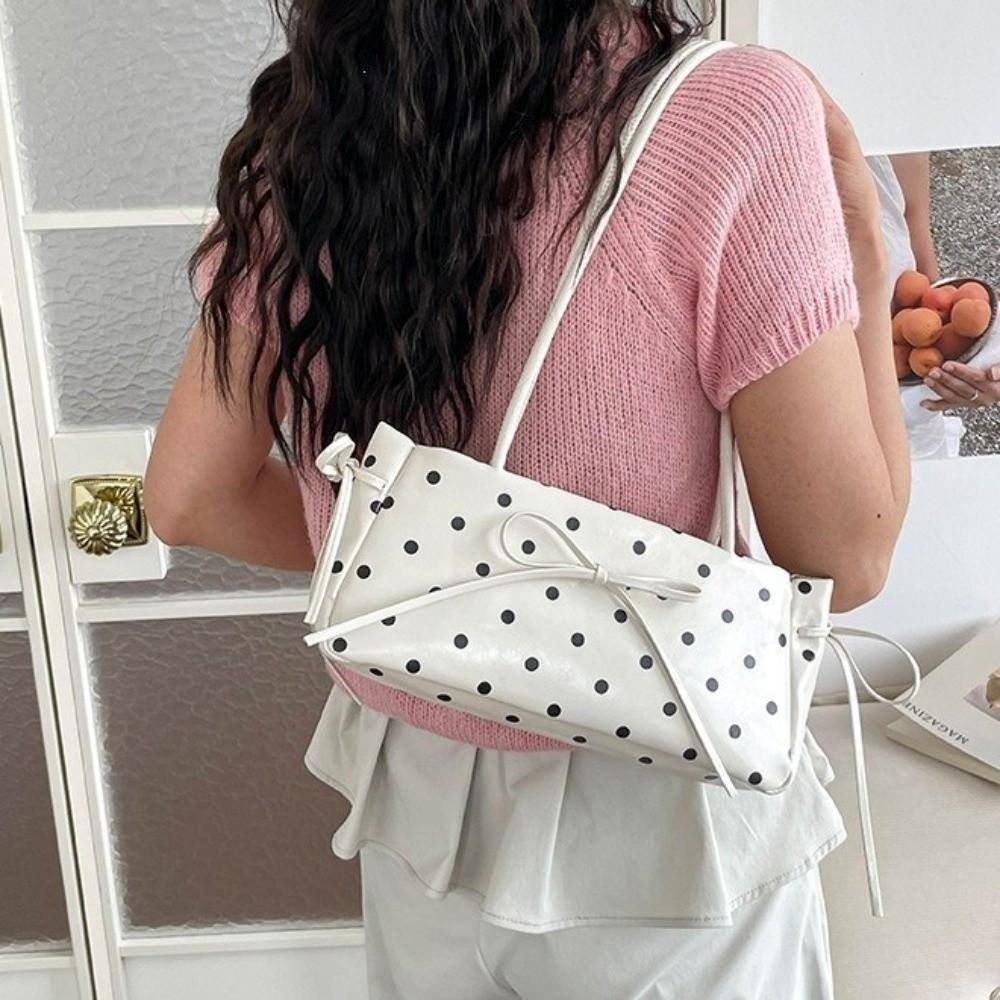 Elegant PU Bow Shoulder Bag Glossy Finish Slim Rectangular Handbag Polka Dot Underarm Bag Commute