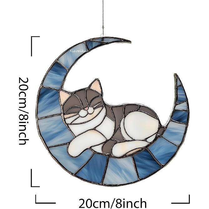 Acrylic Stained Glass Style Blue Moon Cat Window Hanging, Lightweight Faux Stained Glass Suncatcher for Home Decor, Cat Wall Decoration, Ideal for