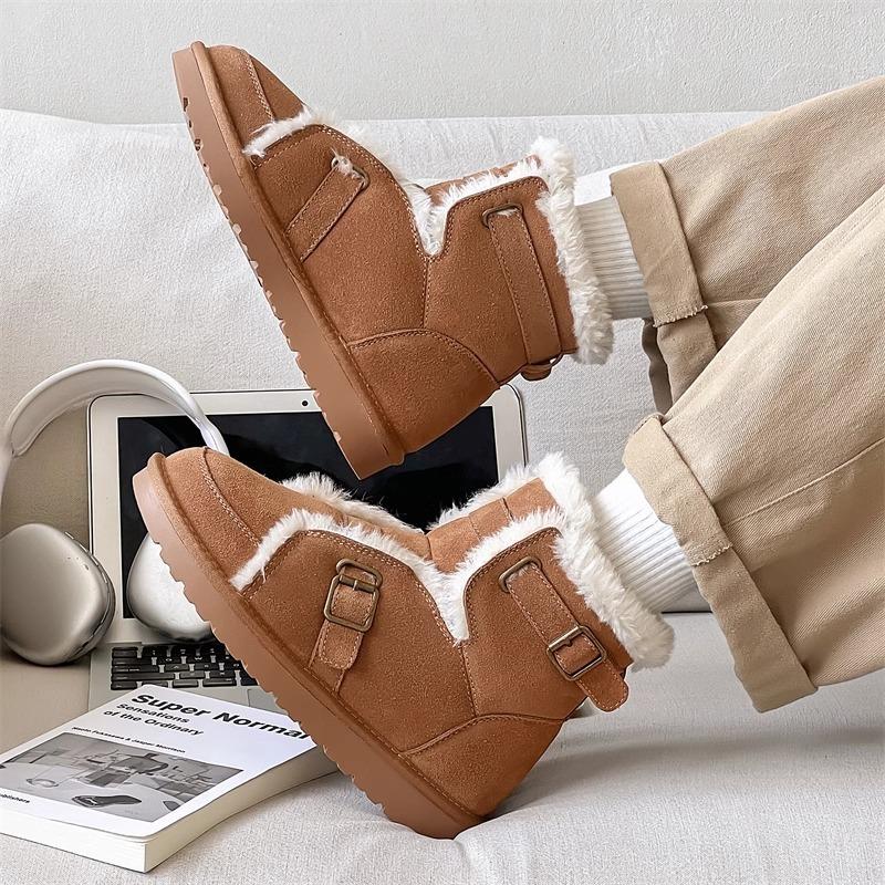 Меховые интегрированные зимние ботинки женские с пряжкой, зимние набивные утолщенные хлопковые ботинки, модные