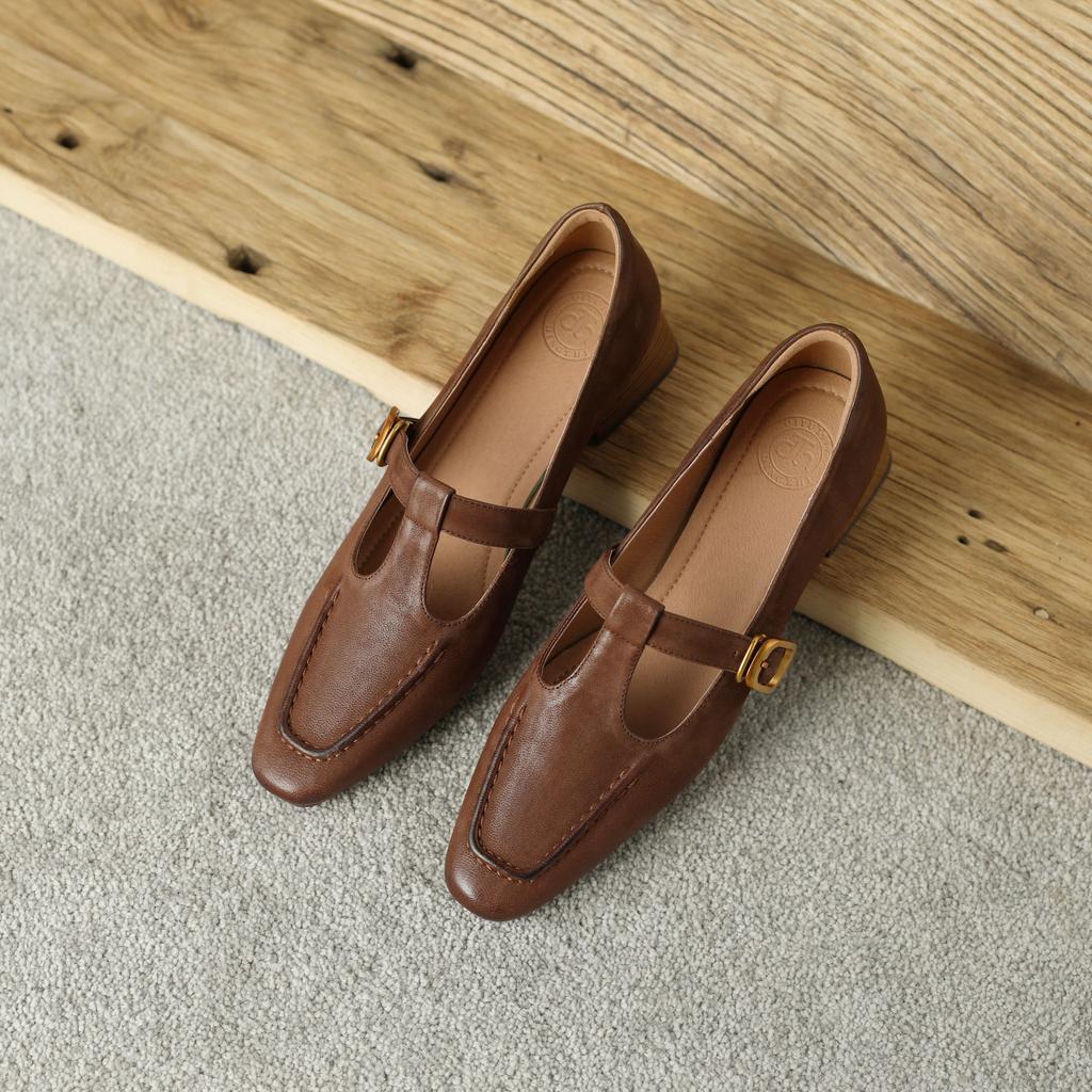 Krazing Pot Sheep Suede Square Toe Chunky Med Heels Summer Shoes Buckle Straps Women Pumps